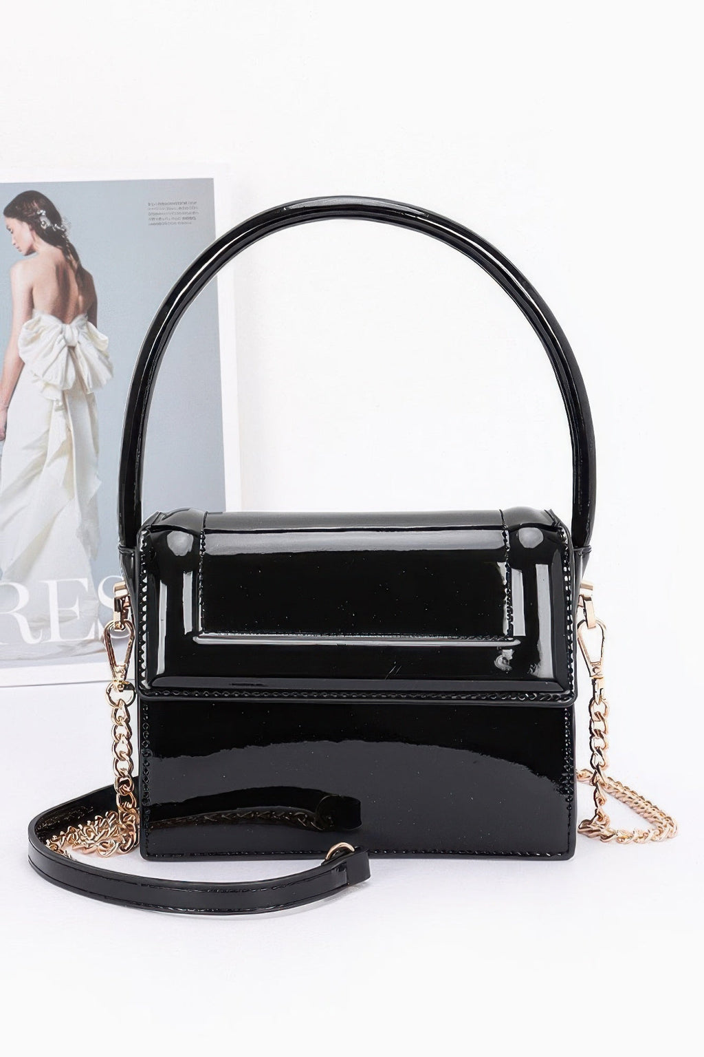 Patent Leather Mini Top Handle Bag | Boxy Flap with Gold Turn-Lock