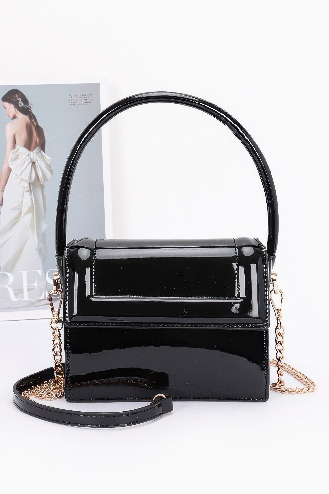 Patent Leather Mini Top Handle Bag | Boxy Flap with Gold Turn-Lock