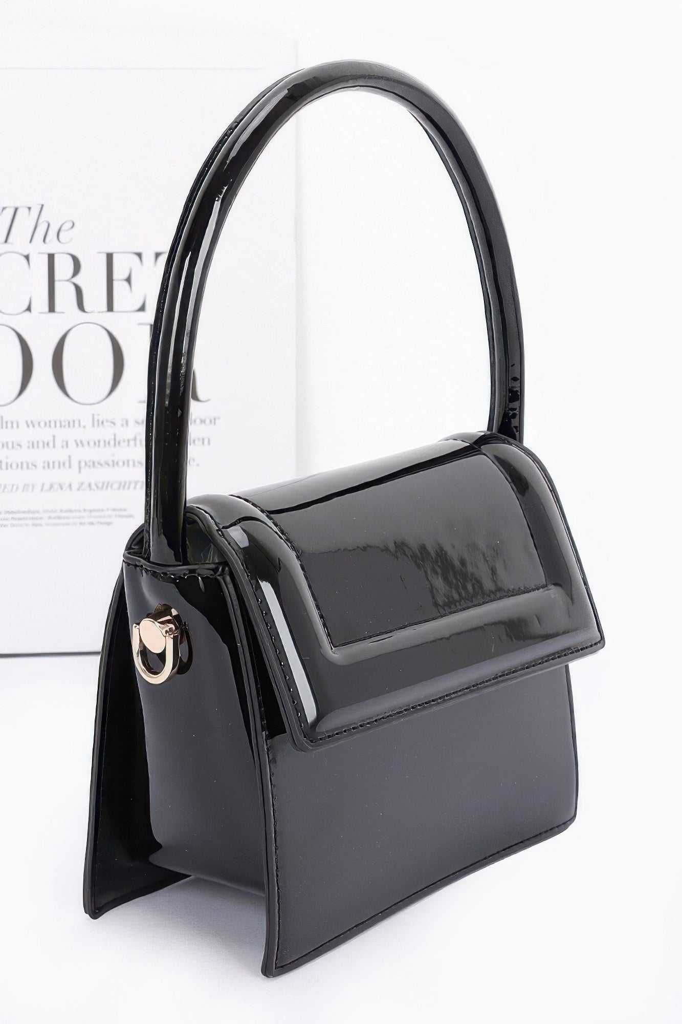 Patent Leather Mini Top Handle Bag | Boxy Flap with Gold Turn-Lock