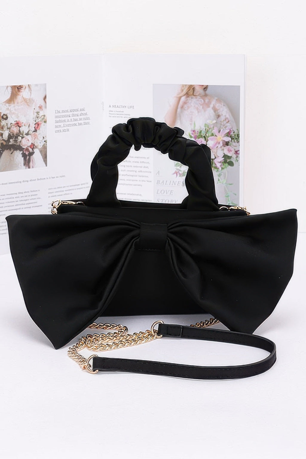 Bow Front Ruched Handle Bag | Gold Chain Crossbody Strap