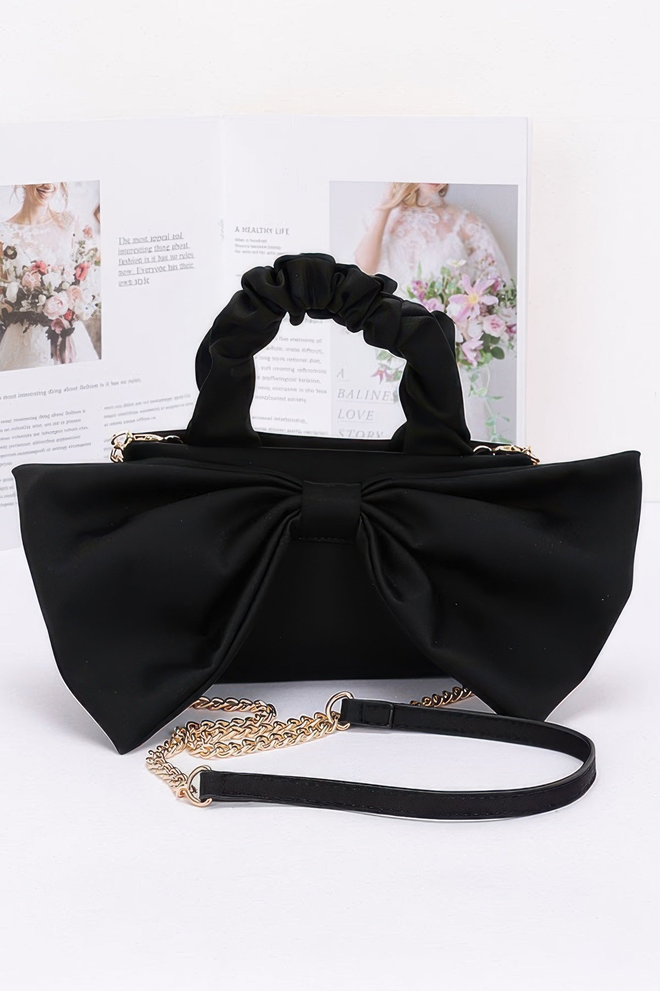Bow Front Ruched Handle Bag | Gold Chain Crossbody Strap