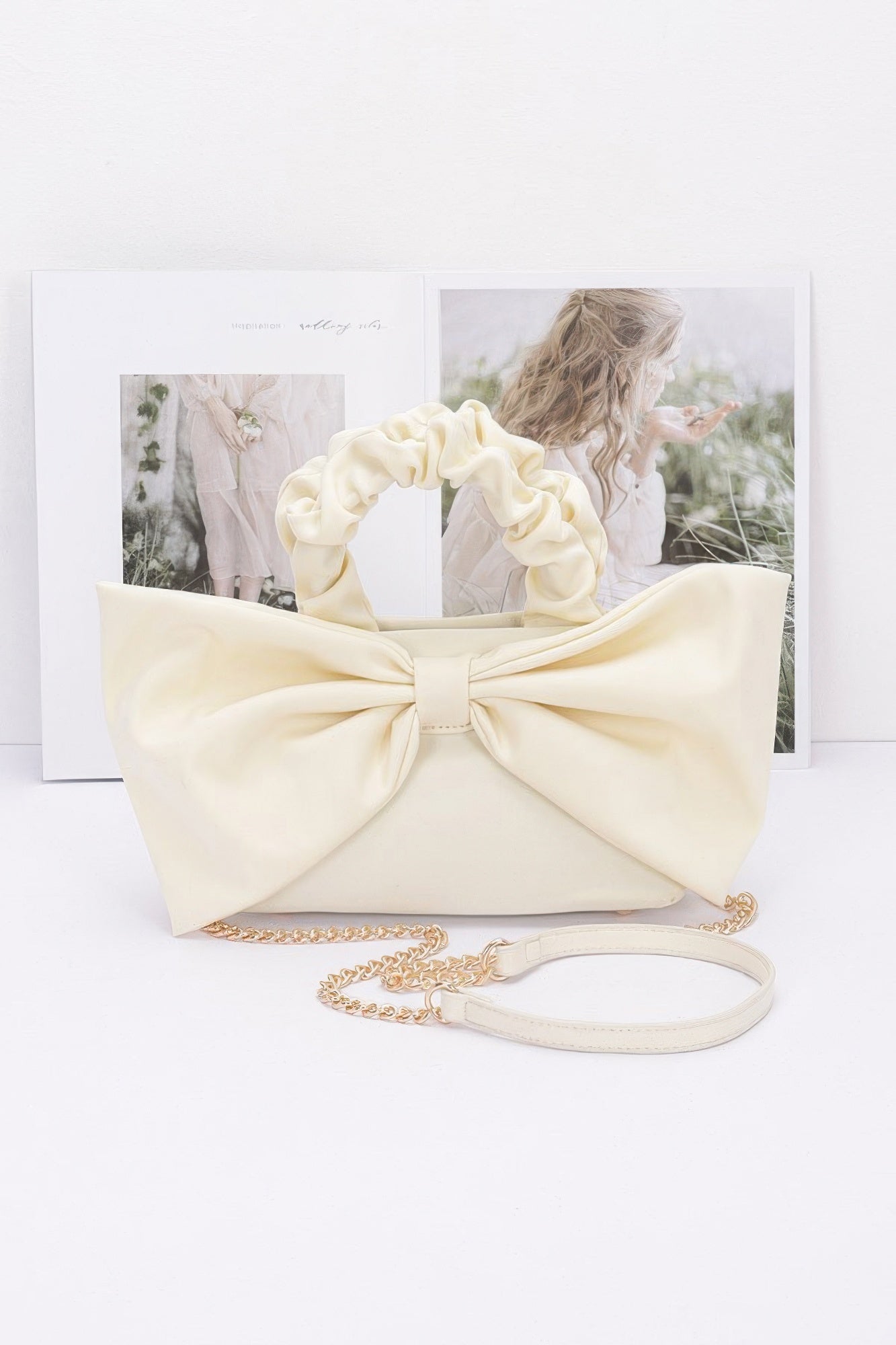 Bow Front Ruched Handle Bag | Gold Chain Crossbody Strap