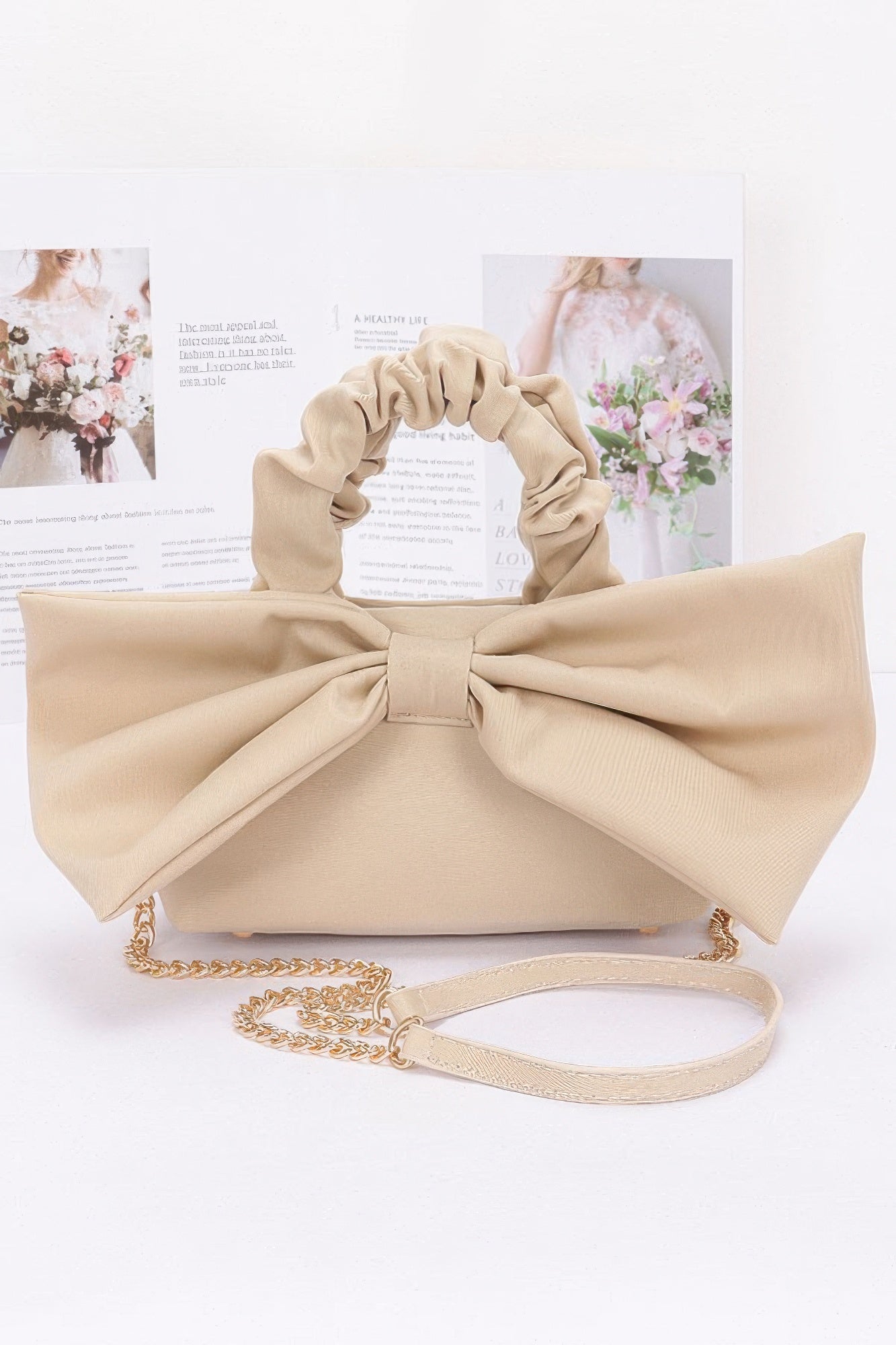 Bow Front Ruched Handle Bag | Gold Chain Crossbody Strap