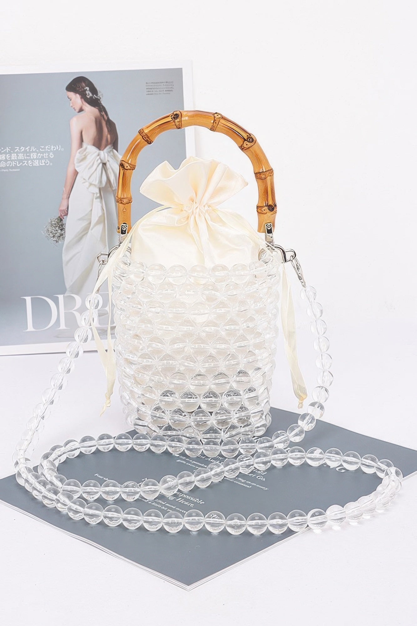 Crystal Bead Bucket Bag | Bamboo Handle Crossbody Satin Lined
