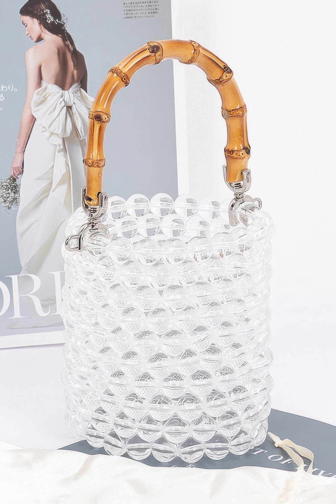 Crystal Bead Bucket Bag | Bamboo Handle Crossbody Satin Lined