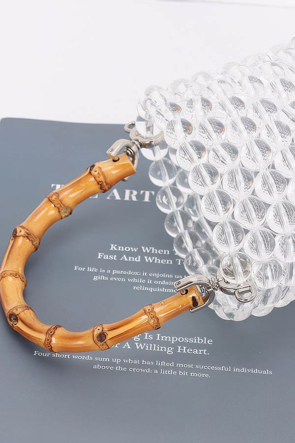 Crystal Bead Bucket Bag | Bamboo Handle Crossbody Satin Lined