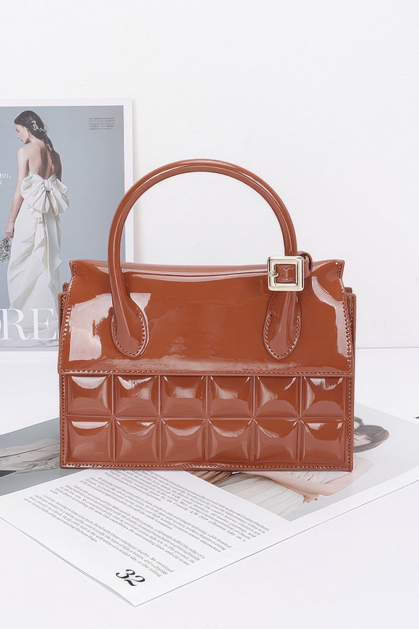 Patent Leather Top Handle Bag | Structured Flap with Gold Turn-Lock