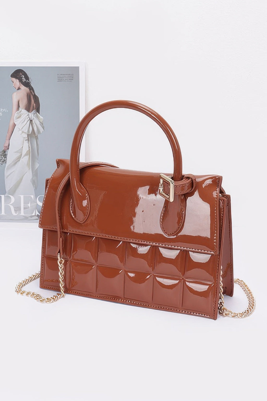 Patent Leather Top Handle Bag | Structured Flap with Gold Turn-Lock