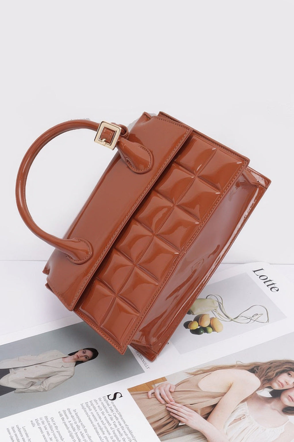 Patent Leather Top Handle Bag | Structured Flap with Gold Turn-Lock
