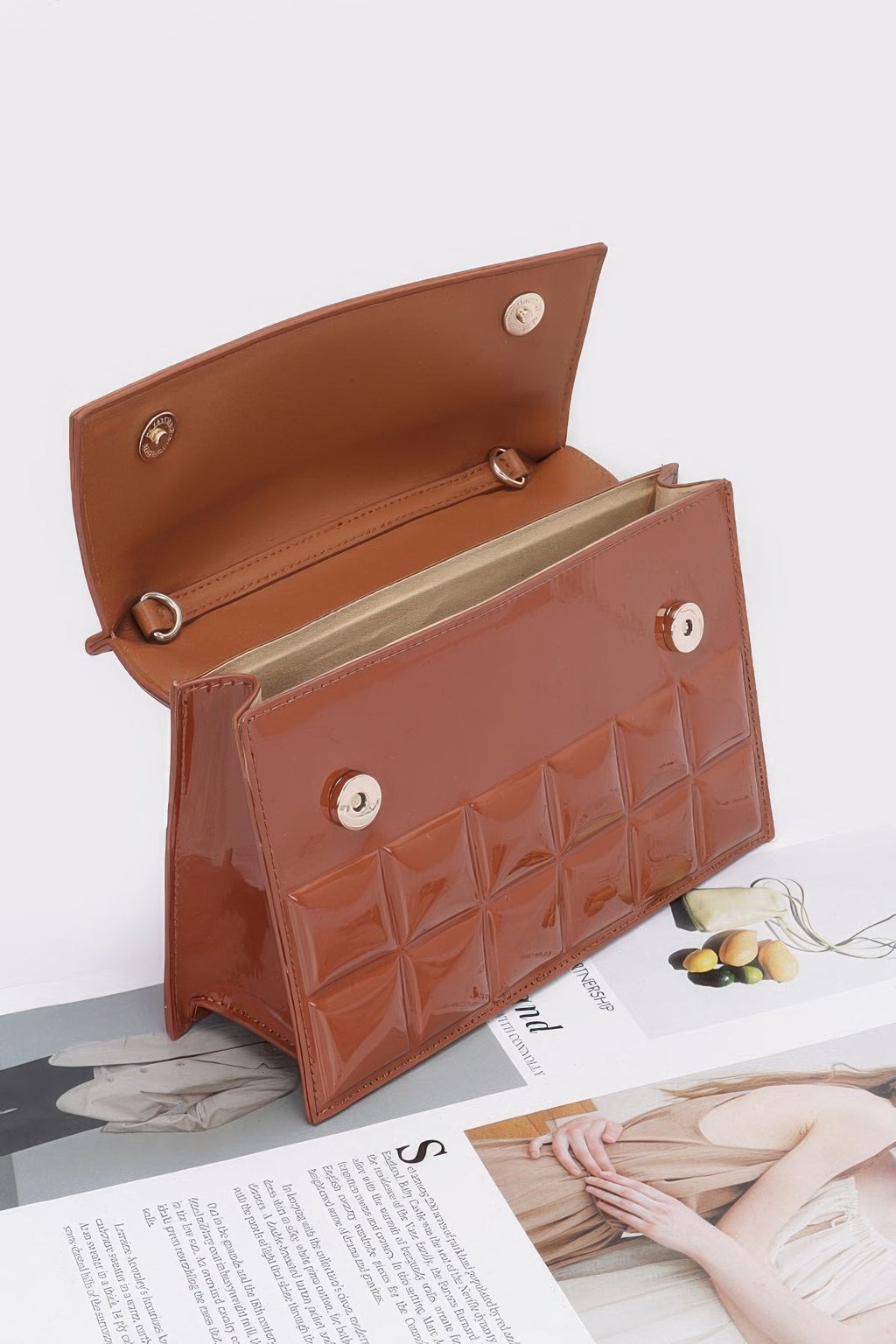 Patent Leather Top Handle Bag | Structured Flap with Gold Turn-Lock