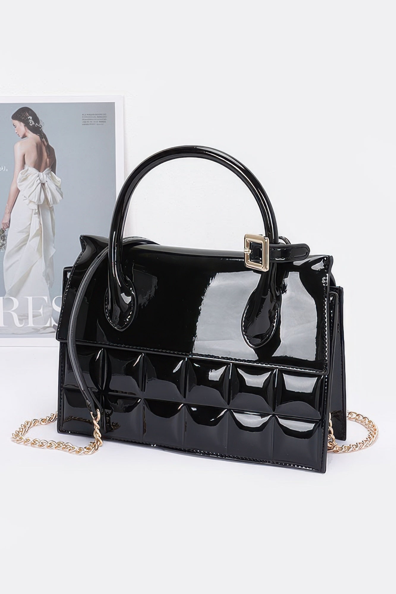 Patent Leather Top Handle Bag | Structured Flap with Gold Turn-Lock
