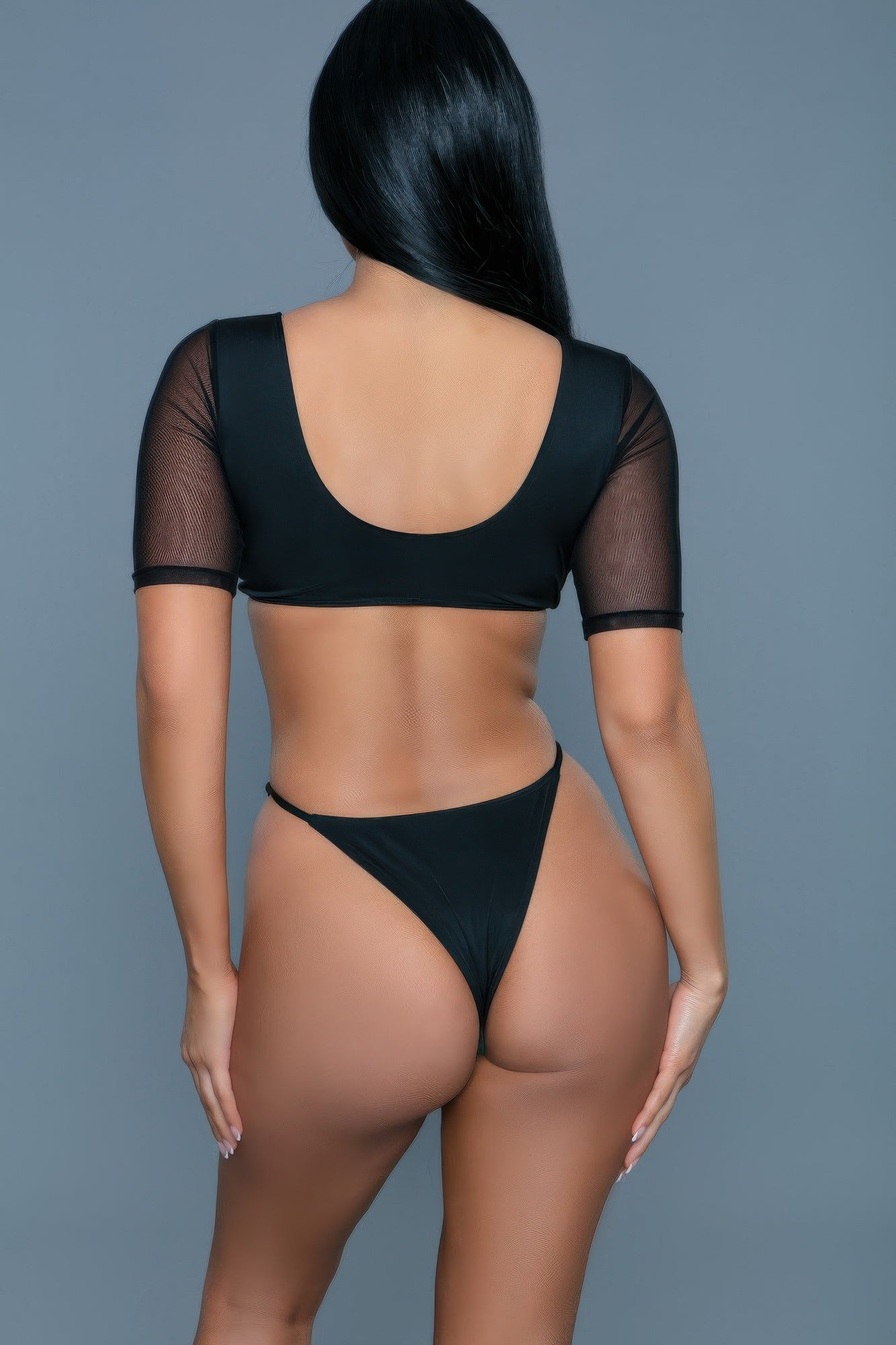 Deep V-Neck O-Ring Crop Top & Faux Leather Lace-Up Mini Skirt Set | Asymmetric Mesh Sleeve