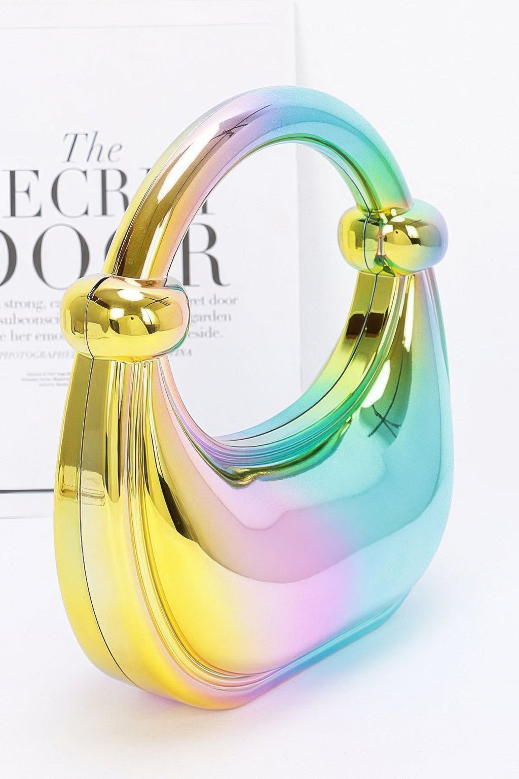 Holographic Iridescent Crescent Acrylic Bag | Arch Handle Gold Chain Crossbody