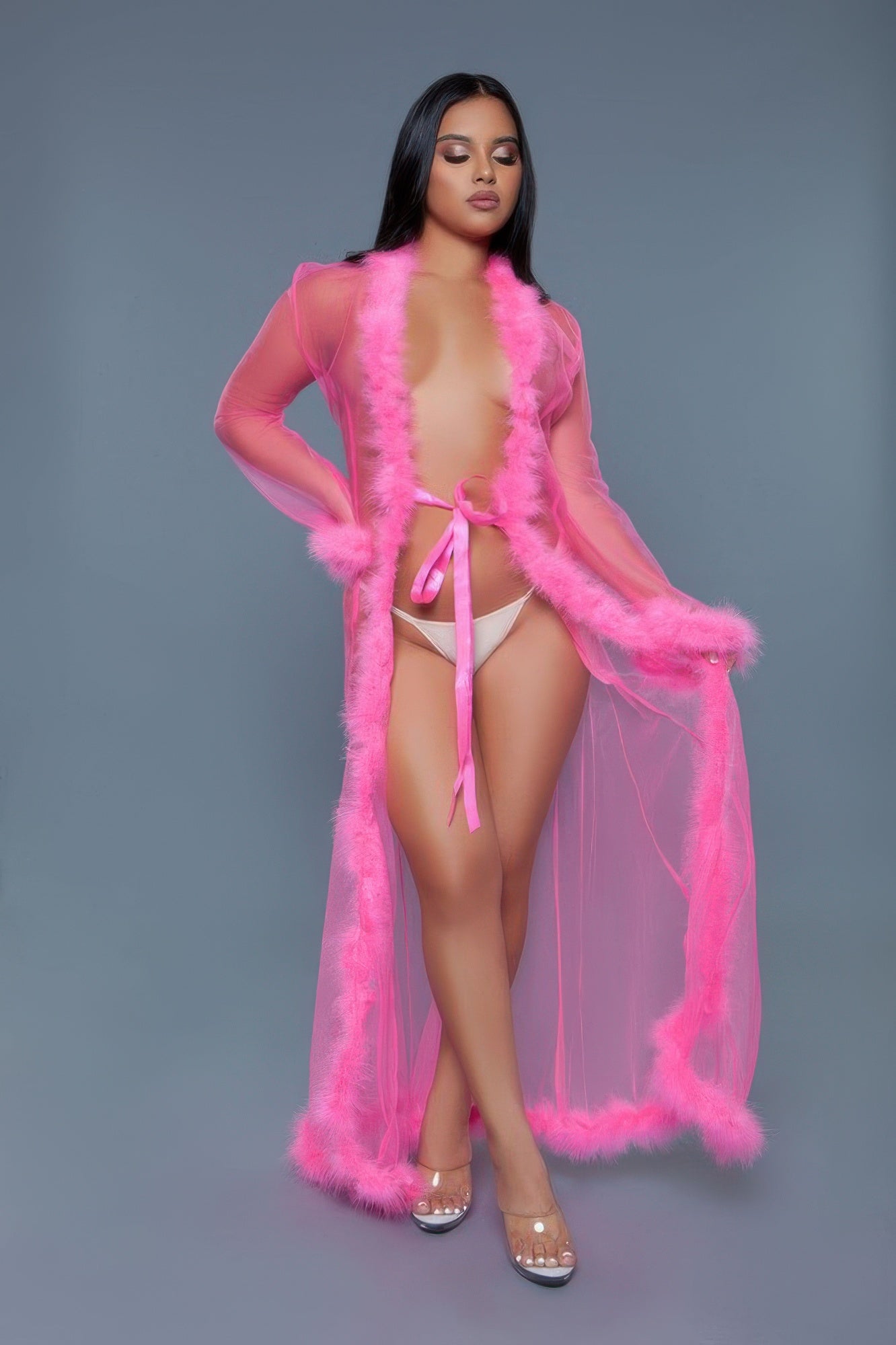 Marabou Faux Fur Trim Sheer Mesh Robe | Full-Length Satin Tie