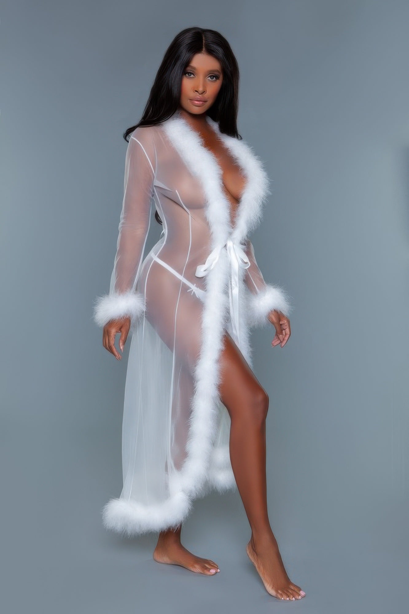 Marabou Faux Fur Trim Sheer Mesh Robe | Full-Length Satin Tie