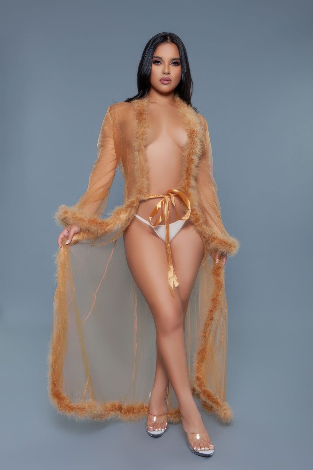 Marabou Faux Fur Trim Sheer Mesh Robe | Full-Length Satin Tie