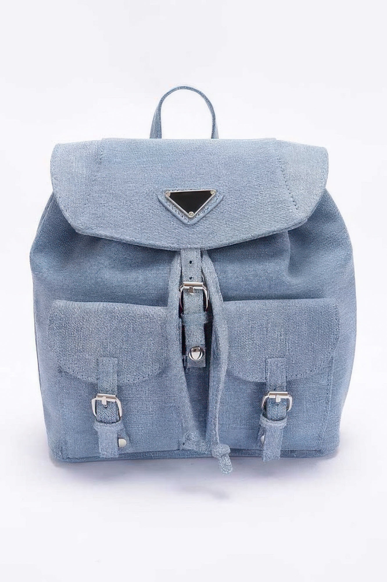 Denim Mini Backpack | Double Front Pocket Silver Hardware Flap Closure