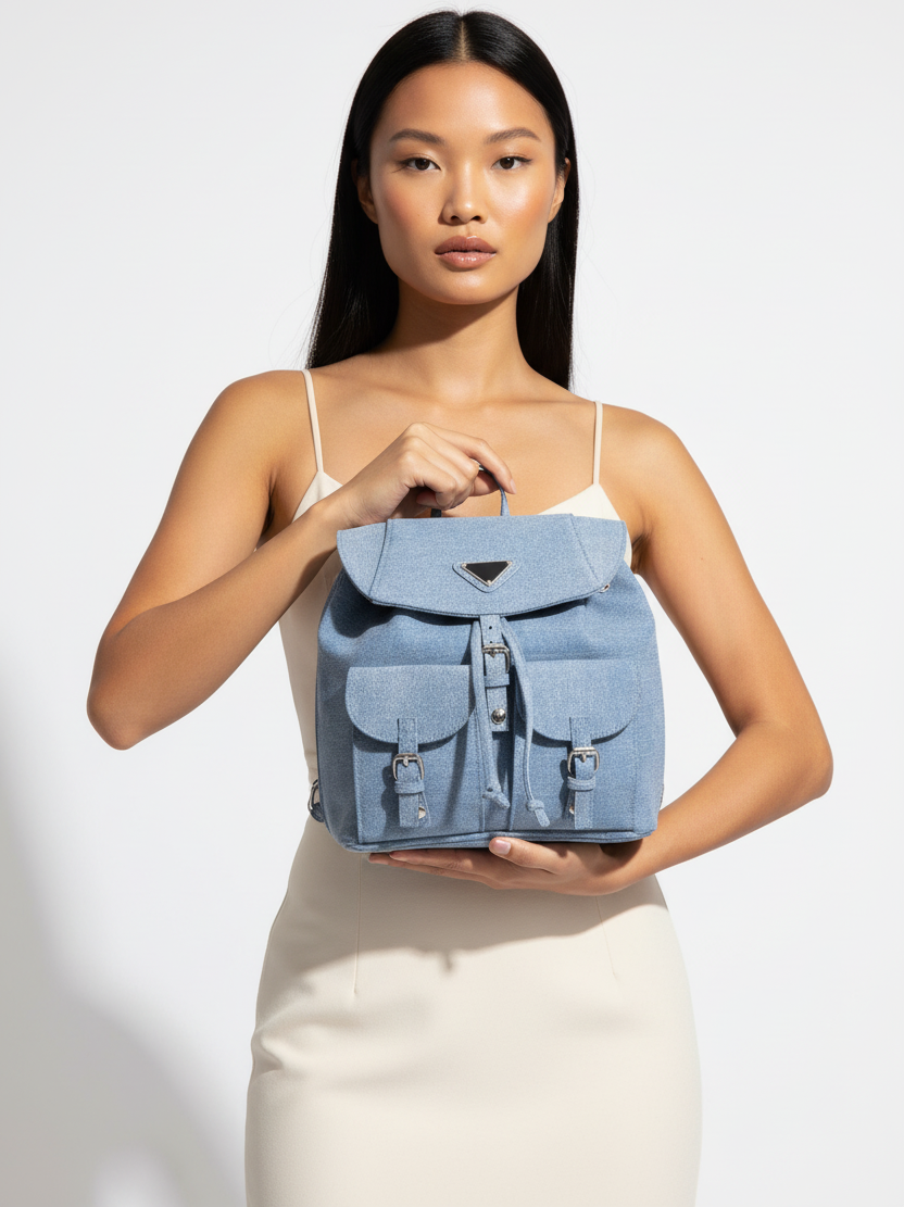 Denim Mini Backpack | Double Front Pocket Silver Hardware Flap Closure