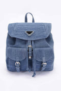Denim Mini Backpack | Double Front Pocket Silver Hardware Flap Closure