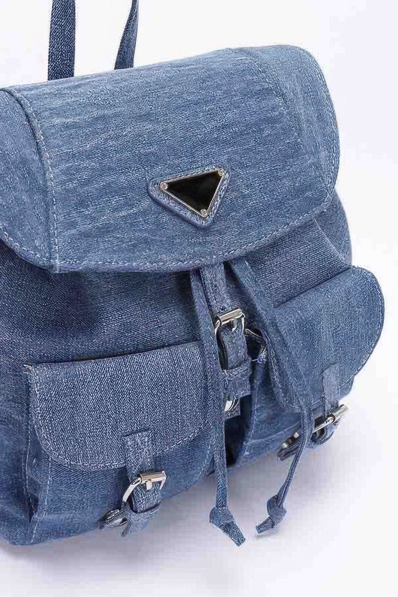Denim Mini Backpack | Double Front Pocket Silver Hardware Flap Closure