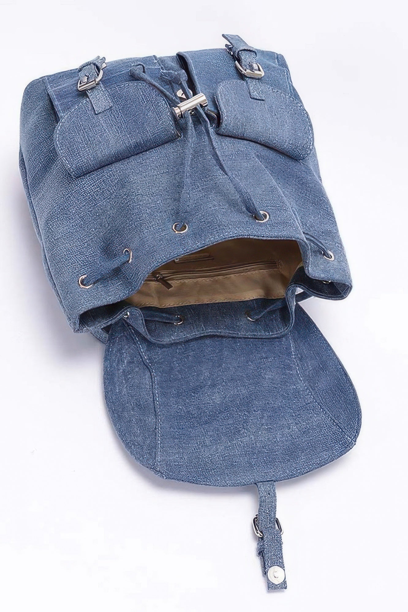 Denim Mini Backpack | Double Front Pocket Silver Hardware Flap Closure