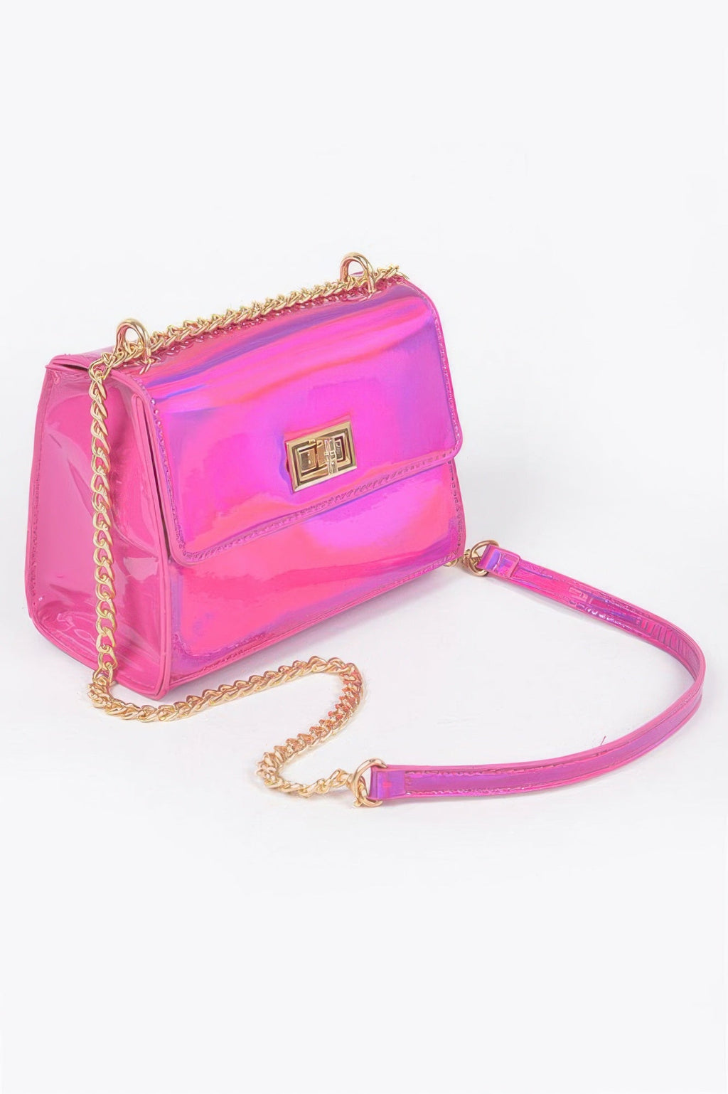 Holographic Iridescent Flap Crossbody Bag | Gold Chain Strap