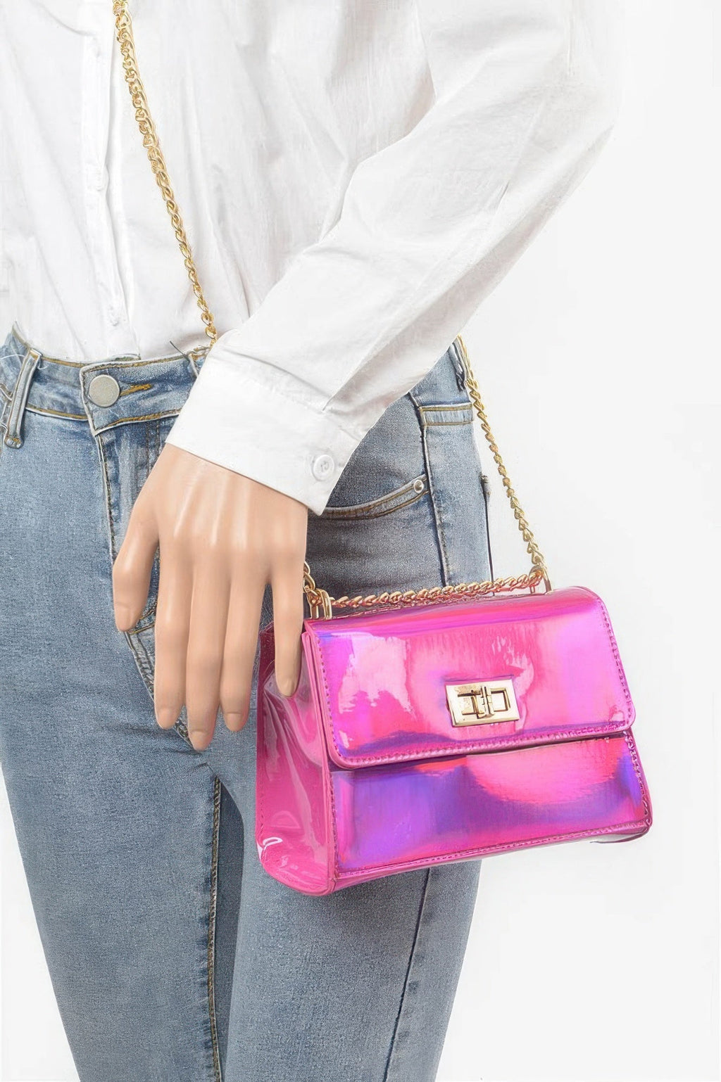Holographic Iridescent Flap Crossbody Bag | Gold Chain Strap