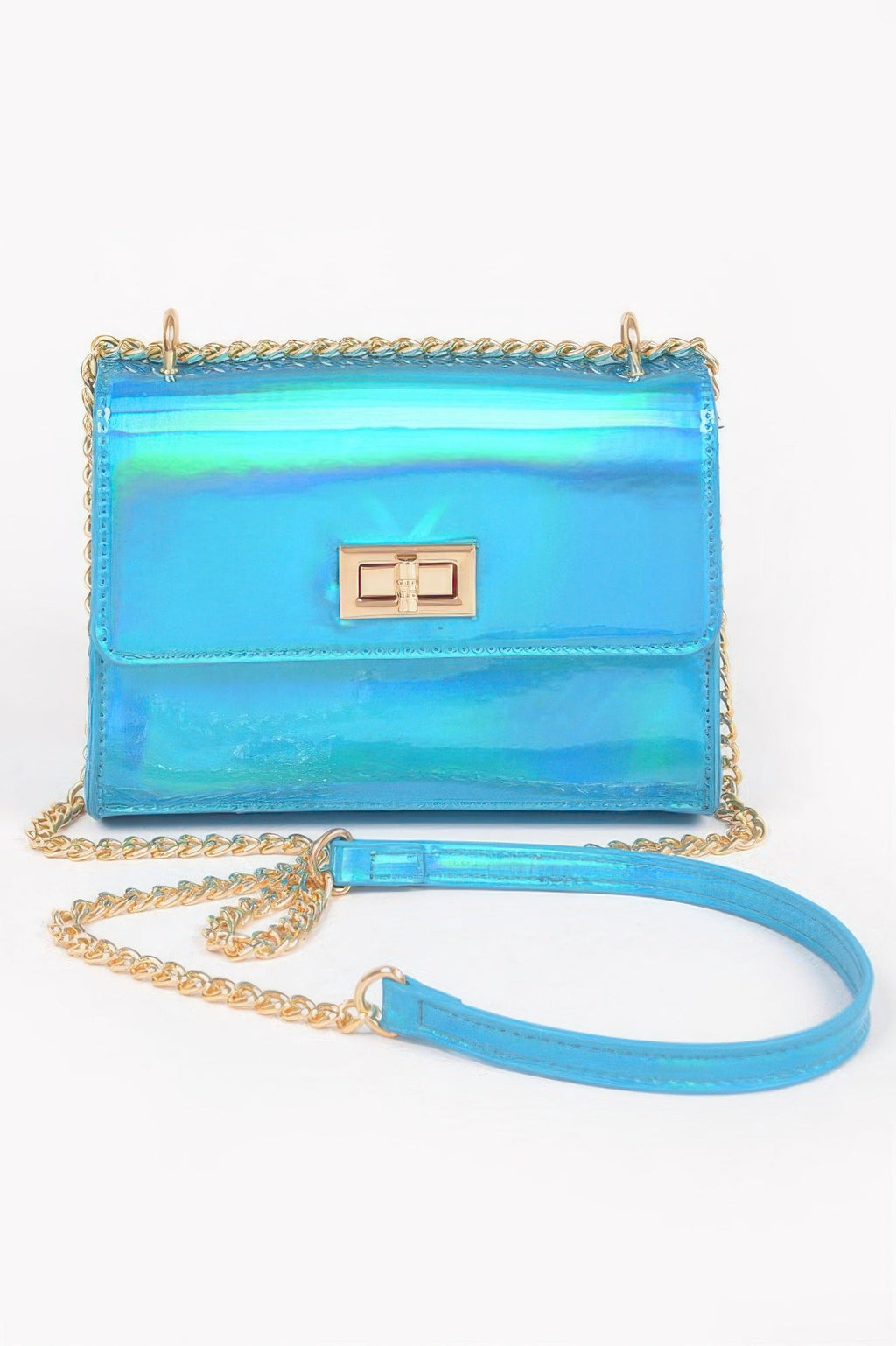 Holographic Iridescent Flap Crossbody Bag | Gold Chain Strap