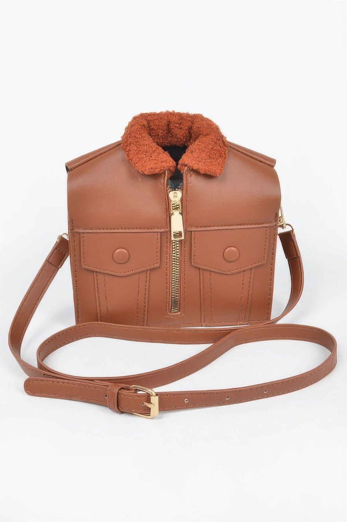 Faux Leather Jacket-Shaped Novelty Crossbody Bag with Teddy Fur Collar & Gold Hardware
