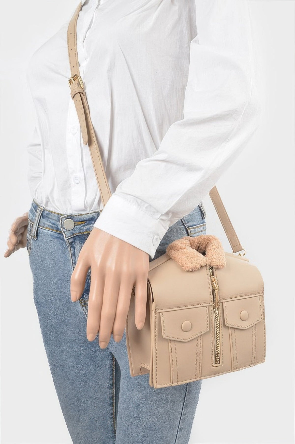 Faux Leather Jacket-Shaped Novelty Crossbody Bag with Teddy Fur Collar & Gold Hardware