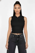 Sleeveless Ribbed Polo Collar Crop Top | Slim Fit V-Notch Placket