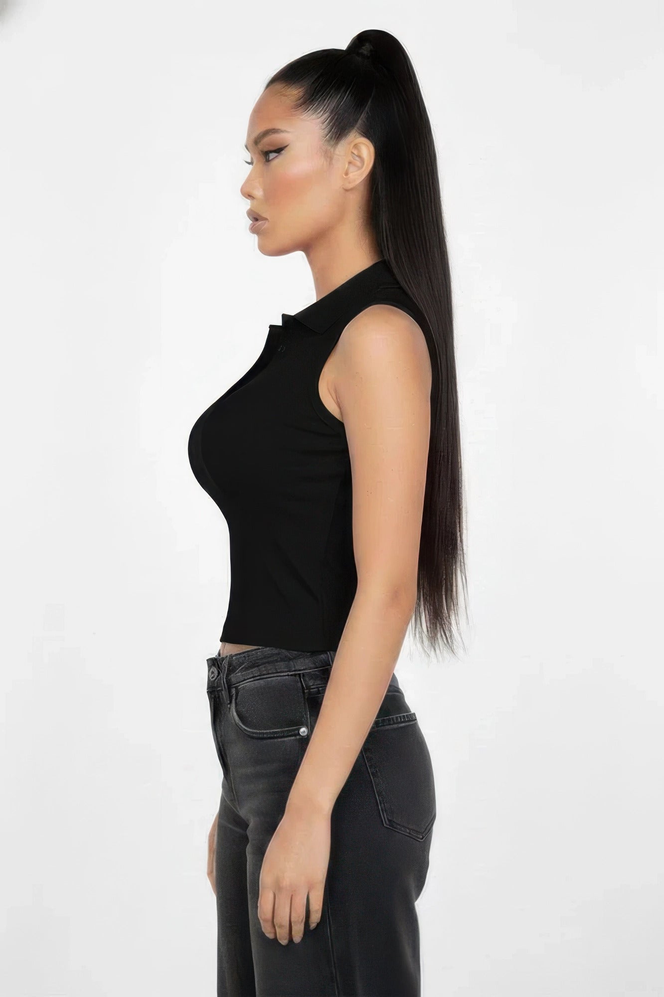 Sleeveless Ribbed Polo Collar Crop Top | Slim Fit V-Notch Placket