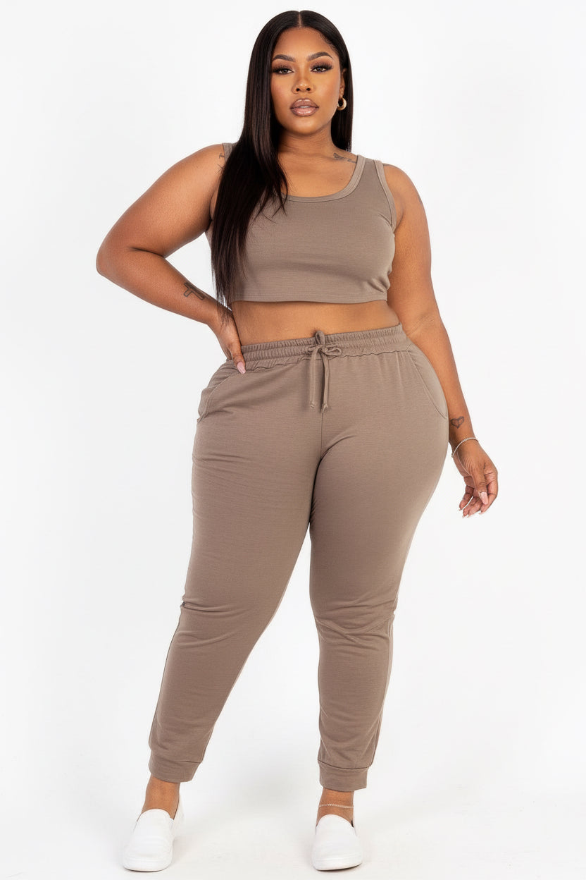 Plus Size French Terry Crop Tank & Jogger Set | Scoop Neck Lounge Two-Piece