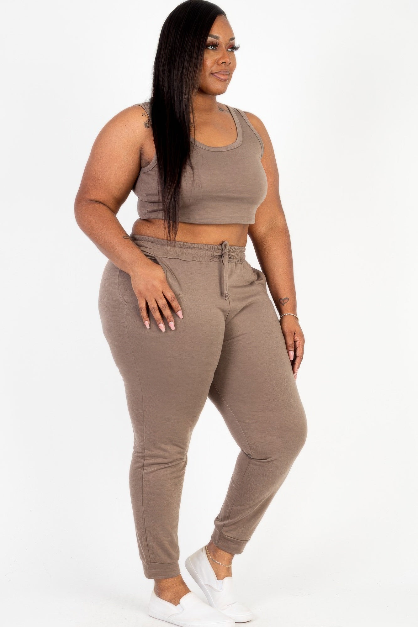Plus Size French Terry Crop Tank & Jogger Set | Scoop Neck Lounge Two-Piece