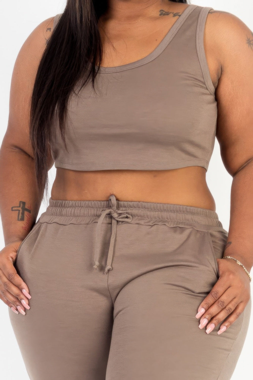Plus Size French Terry Crop Tank & Jogger Set | Scoop Neck Lounge Two-Piece