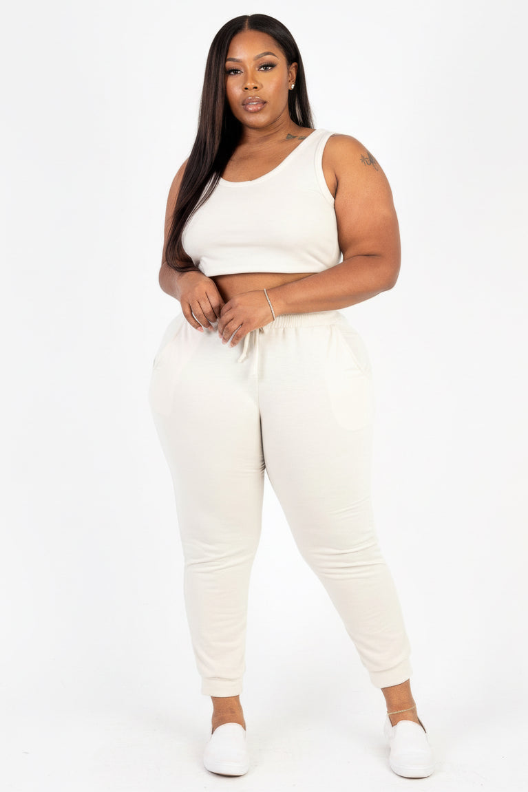 Plus Size French Terry Crop Tank & Jogger Set | Scoop Neck Lounge Two-Piece