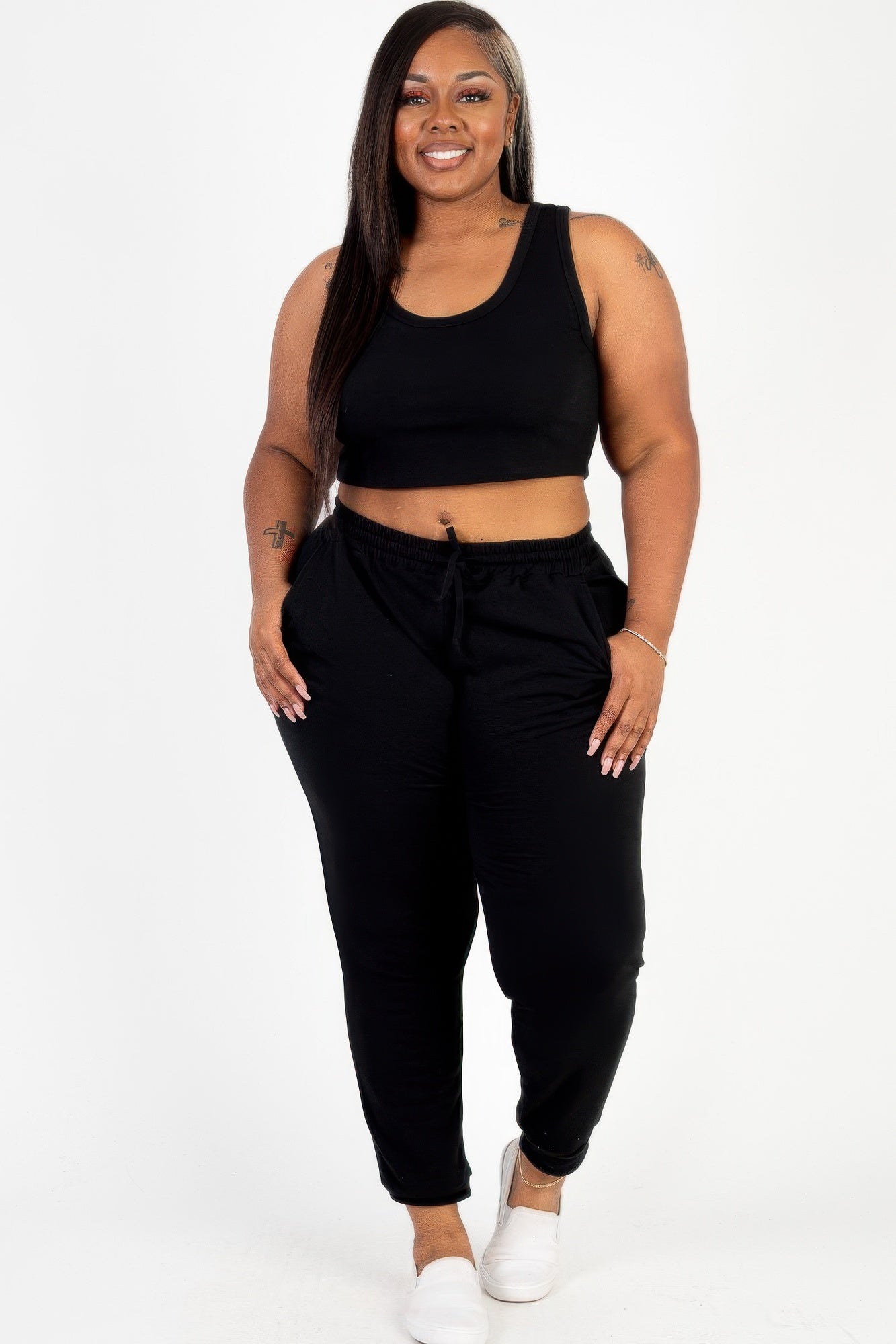 Plus Size French Terry Crop Tank & Jogger Set | Scoop Neck Lounge Two-Piece