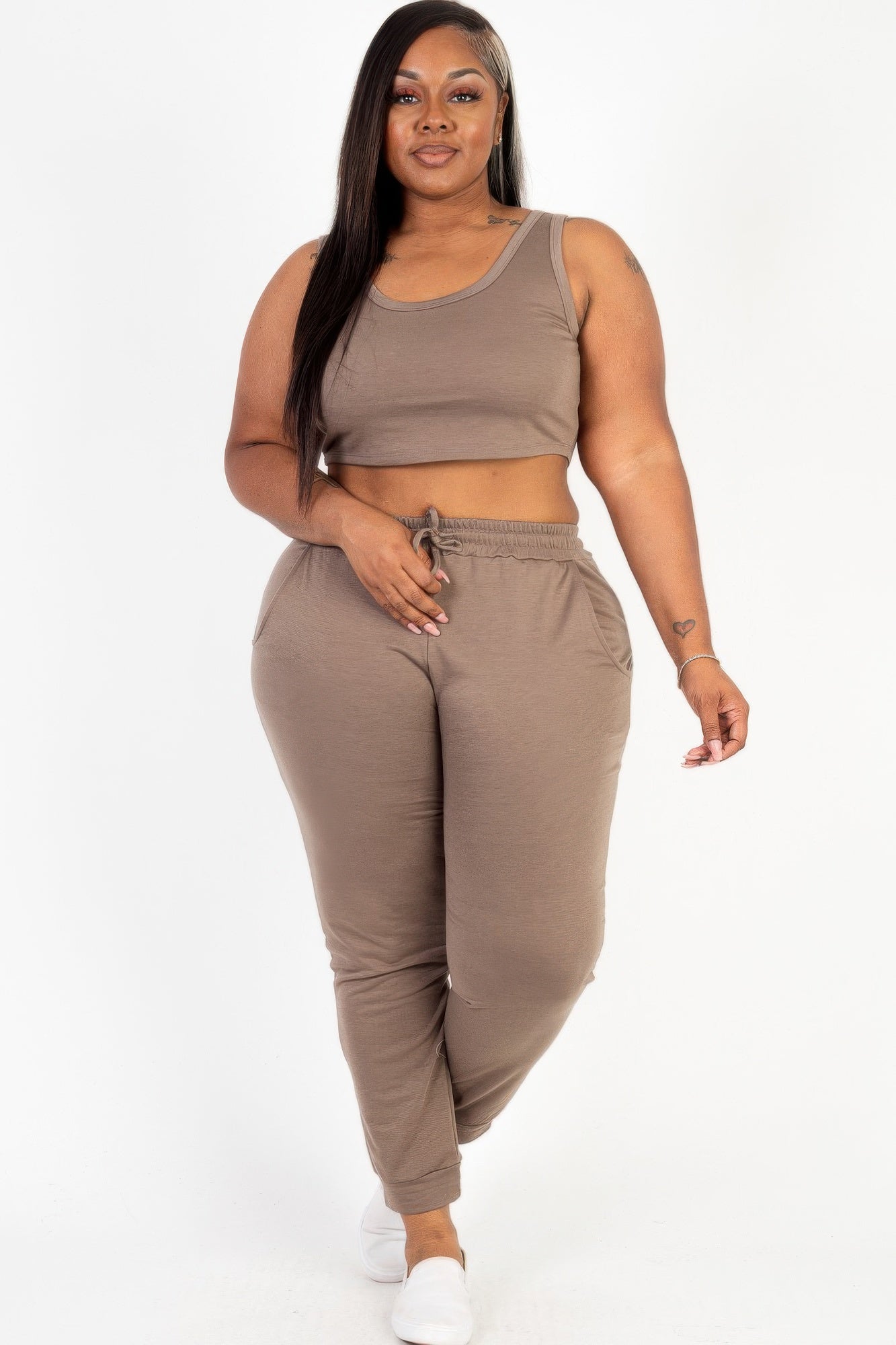 Plus Size French Terry Crop Tank & Jogger Set | Scoop Neck Lounge Two-Piece