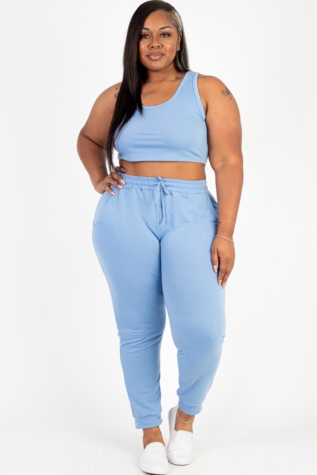 Plus Size French Terry Crop Tank & Jogger Set | Scoop Neck Lounge Two-Piece