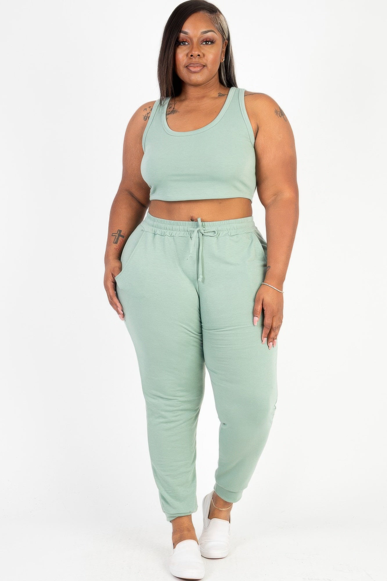 Plus Size French Terry Crop Tank & Jogger Set | Scoop Neck Lounge Two-Piece