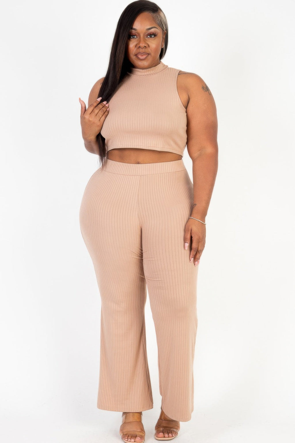 Plus Size Ribbed Mock Neck Crop Top & Wide Leg Flare Pants Set