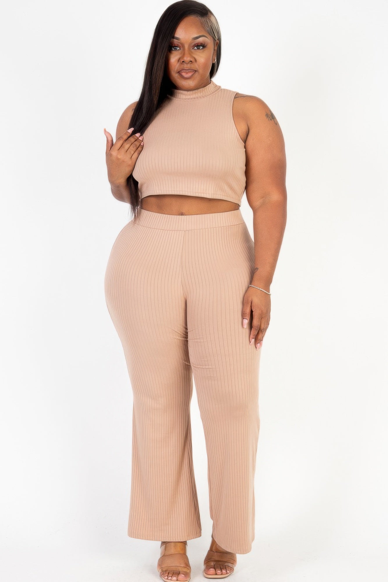 Plus Size Ribbed Mock Neck Crop Top & Wide Leg Flare Pants Set