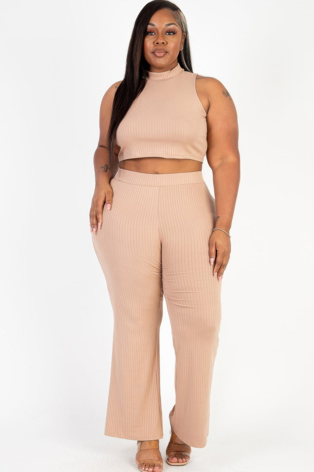 Plus Size Ribbed Mock Neck Crop Top & Wide Leg Flare Pants Set