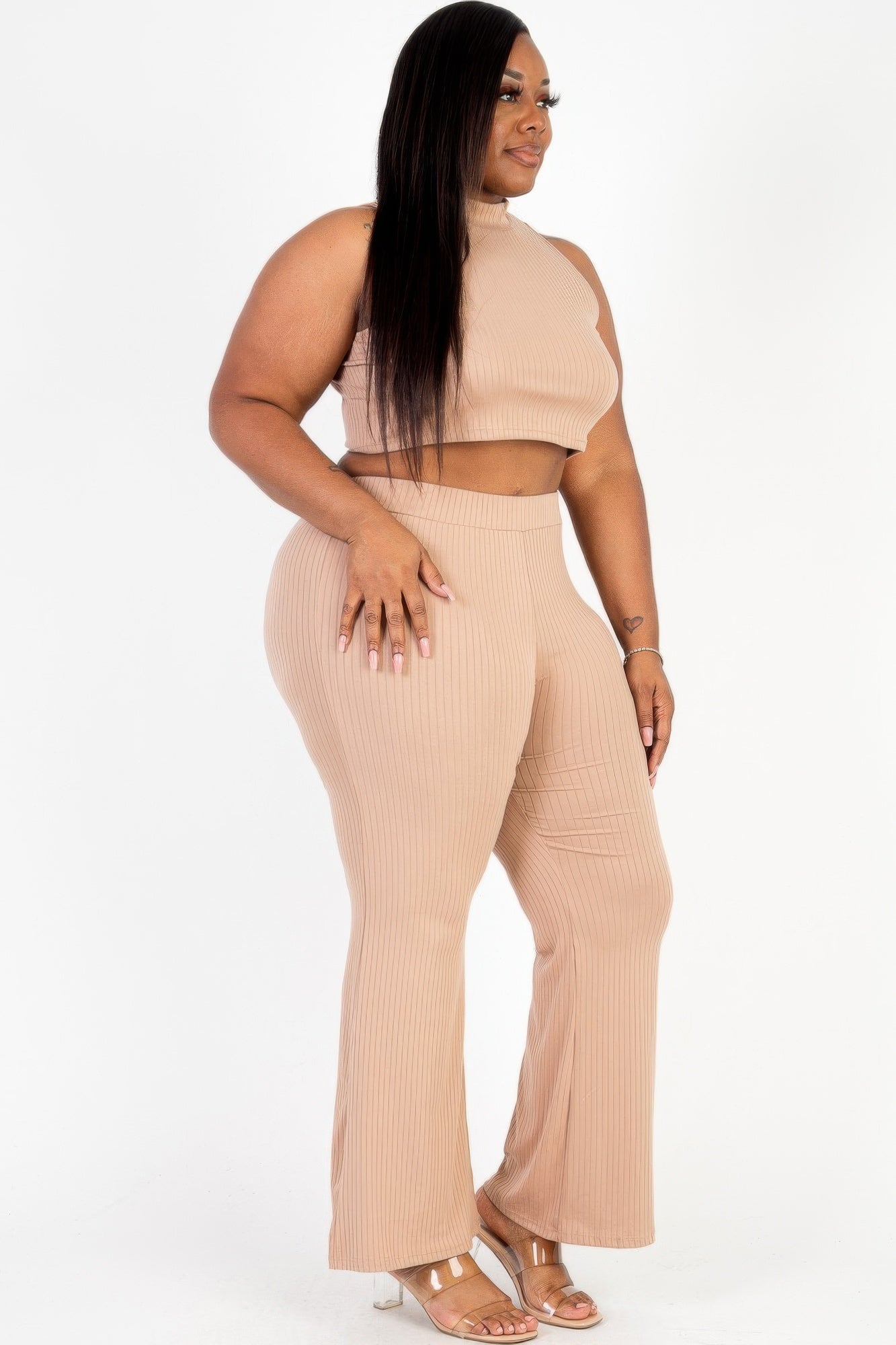 Plus Size Ribbed Mock Neck Crop Top & Wide Leg Flare Pants Set