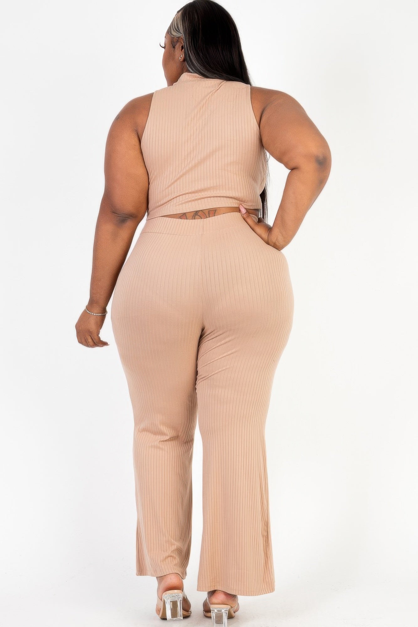 Plus Size Ribbed Mock Neck Crop Top & Wide Leg Flare Pants Set
