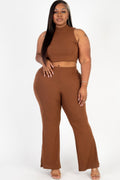 Plus Size Ribbed Mock Neck Crop Top & Wide Leg Flare Pants Set