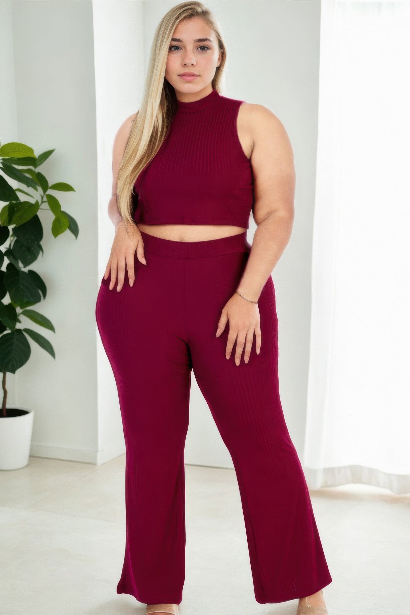 Plus Size Ribbed Mock Neck Crop Top & Wide Leg Flare Pants Set