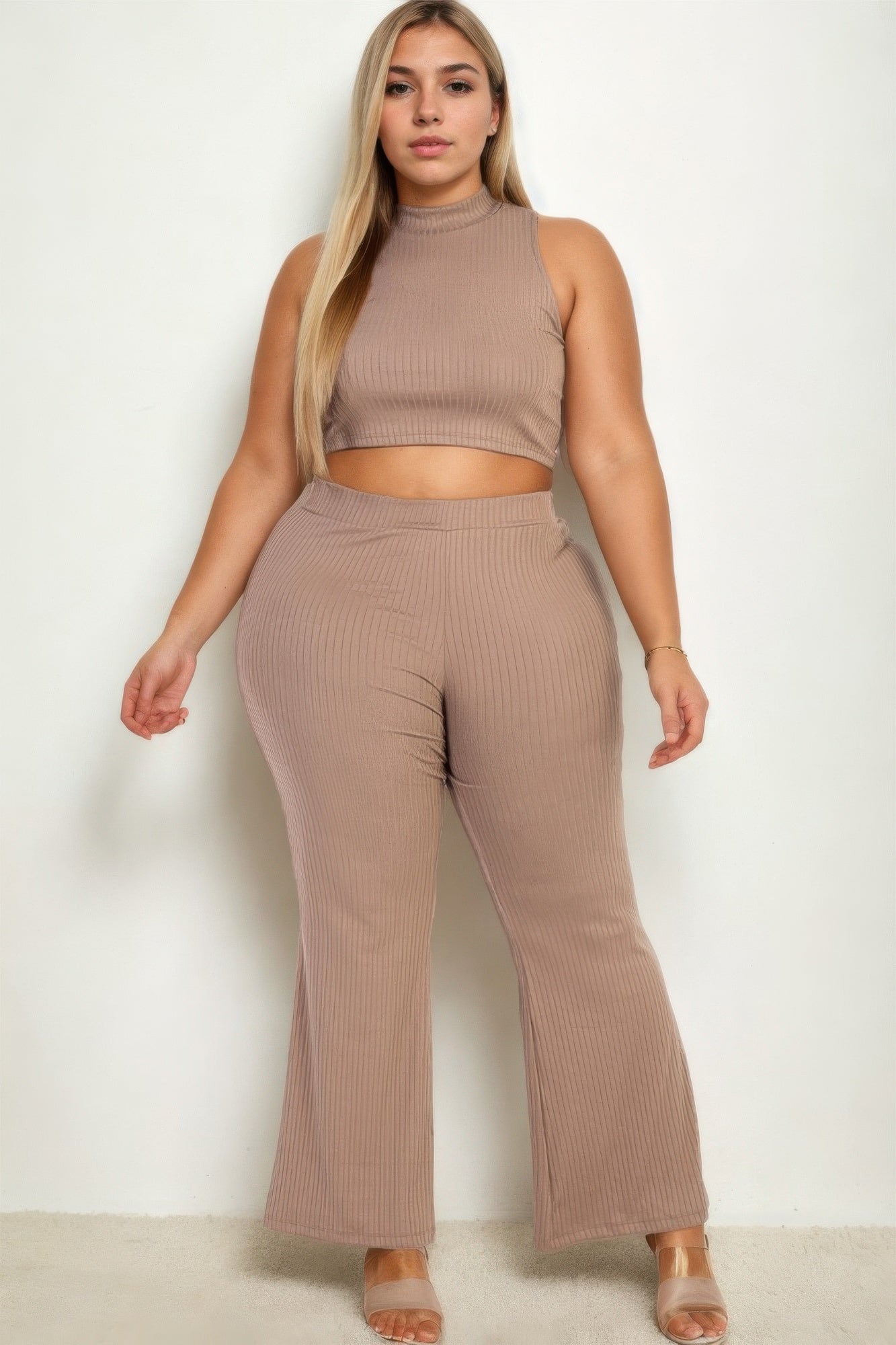 Plus Size Ribbed Mock Neck Crop Top & Wide Leg Flare Pants Set