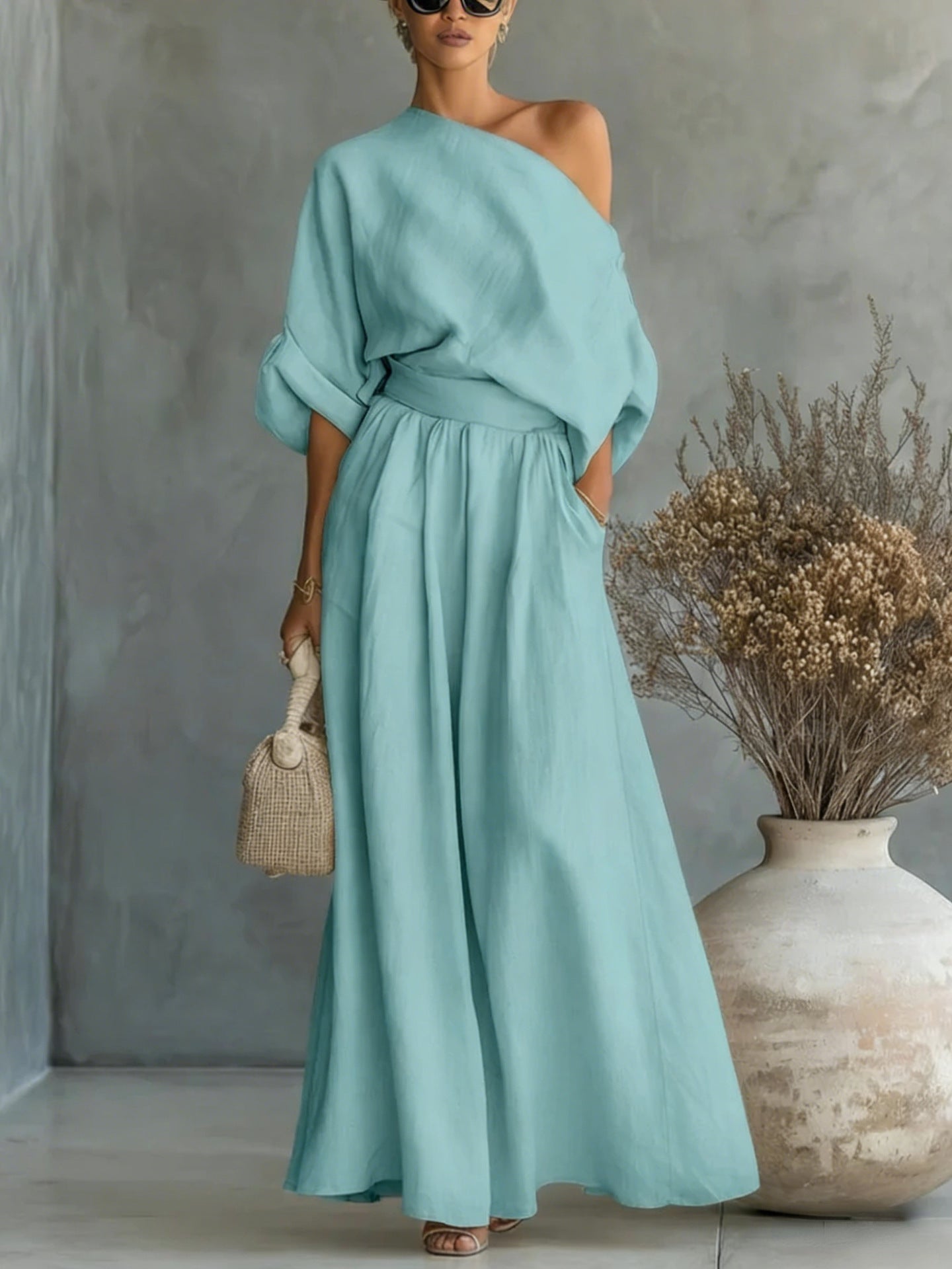 Cropped Off-Shoulder Top & Pants Two-Piece Set