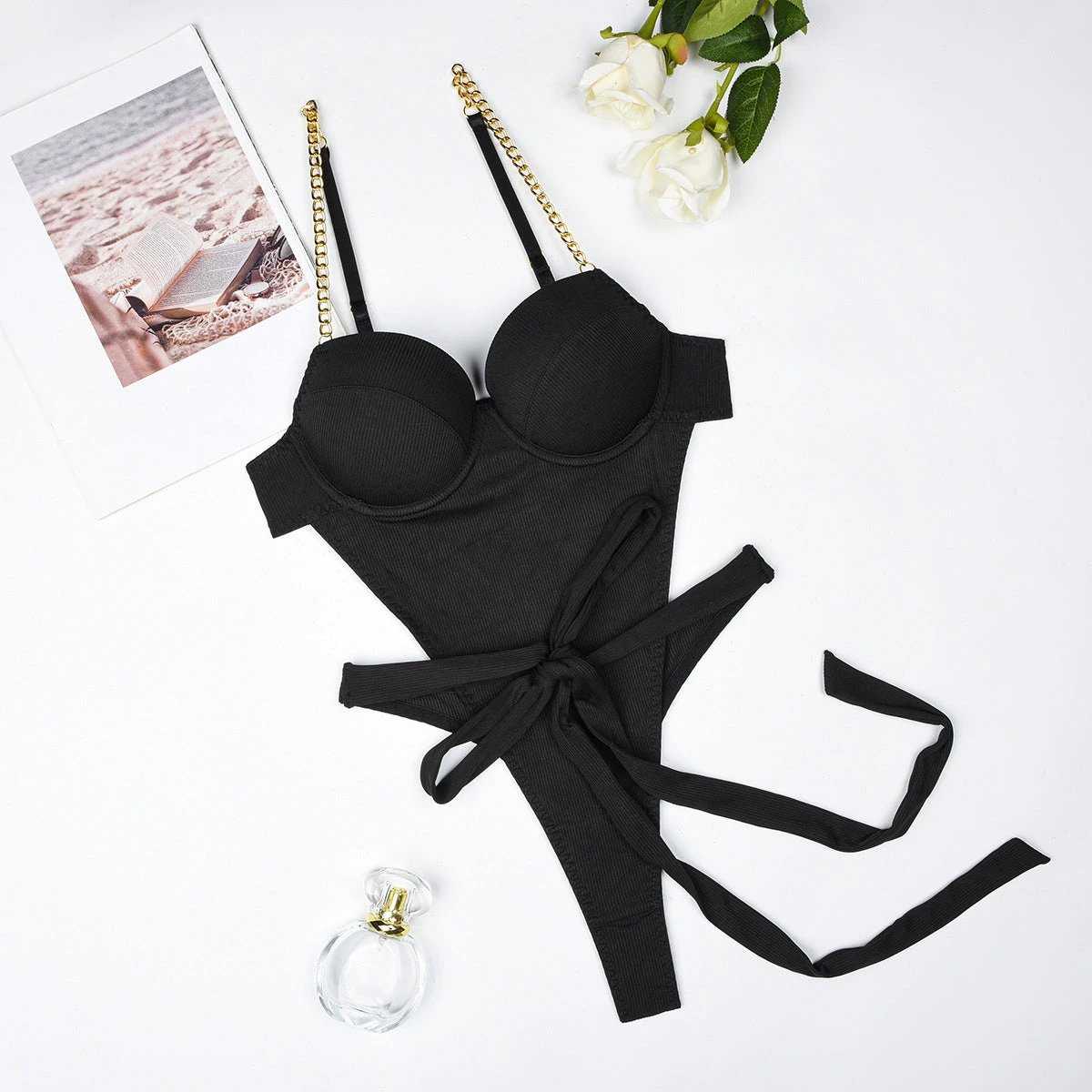 The Gilded Noir Chain-Strap Bodysuit